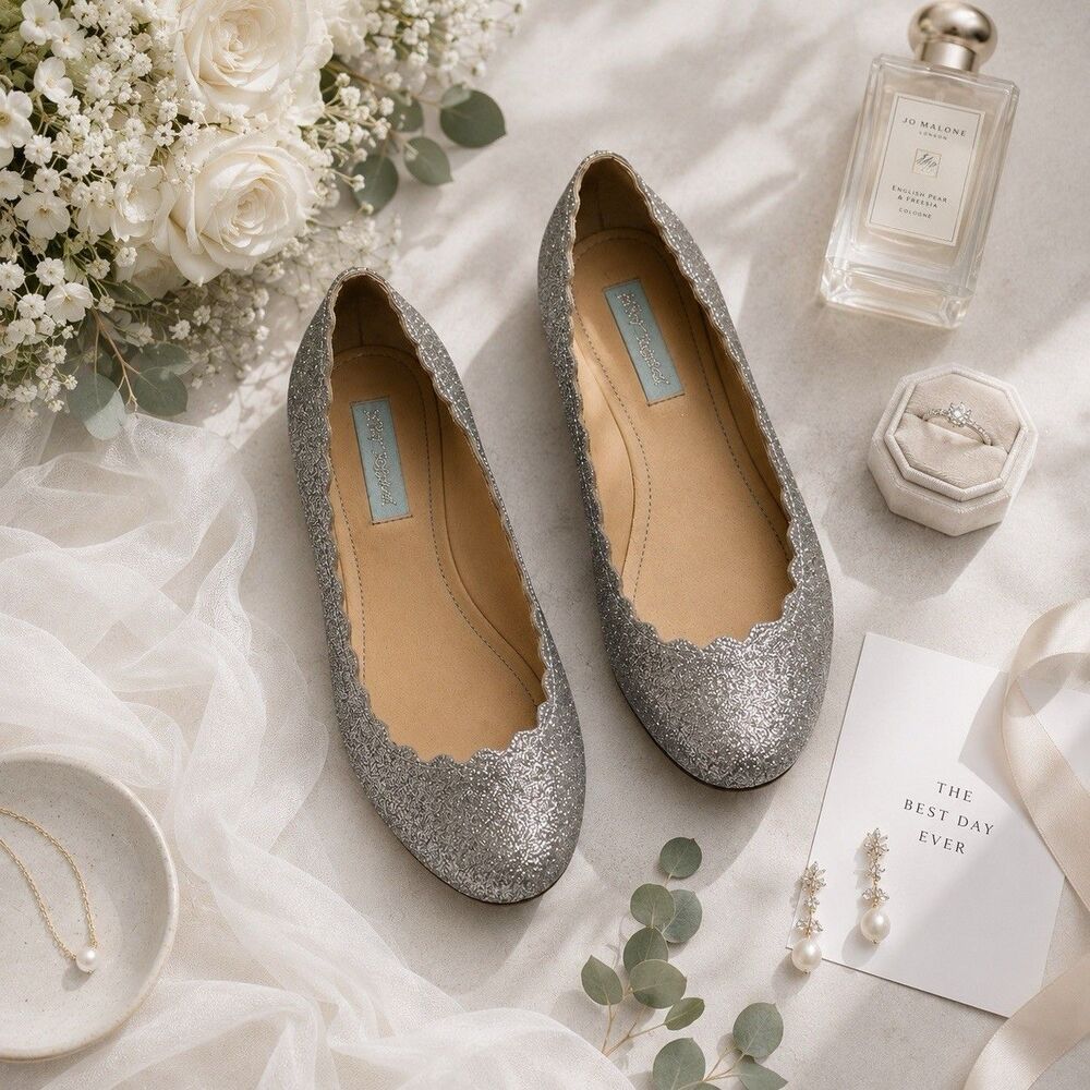 Betsey Johnson SB Dance Glitter Flats Silver Size 9 Blue Sole EUC Bride‎ Wedding